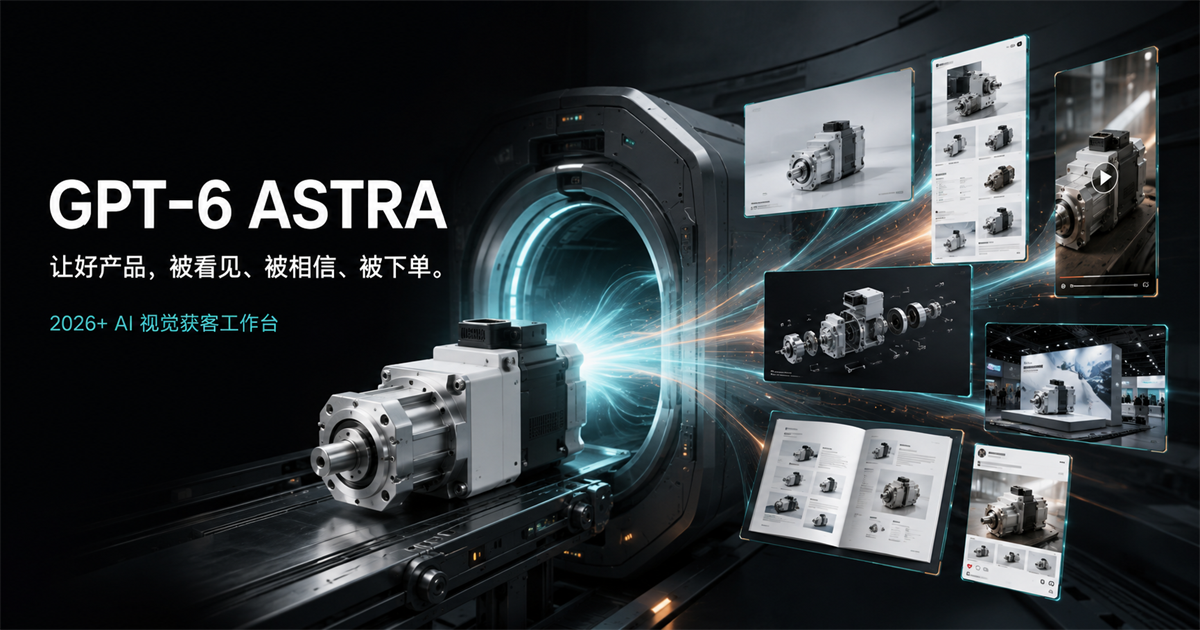一件工业产品通过 Astra 增长舱,展开为电商主图、详情页、视频、3D 动画、展会与私域内容