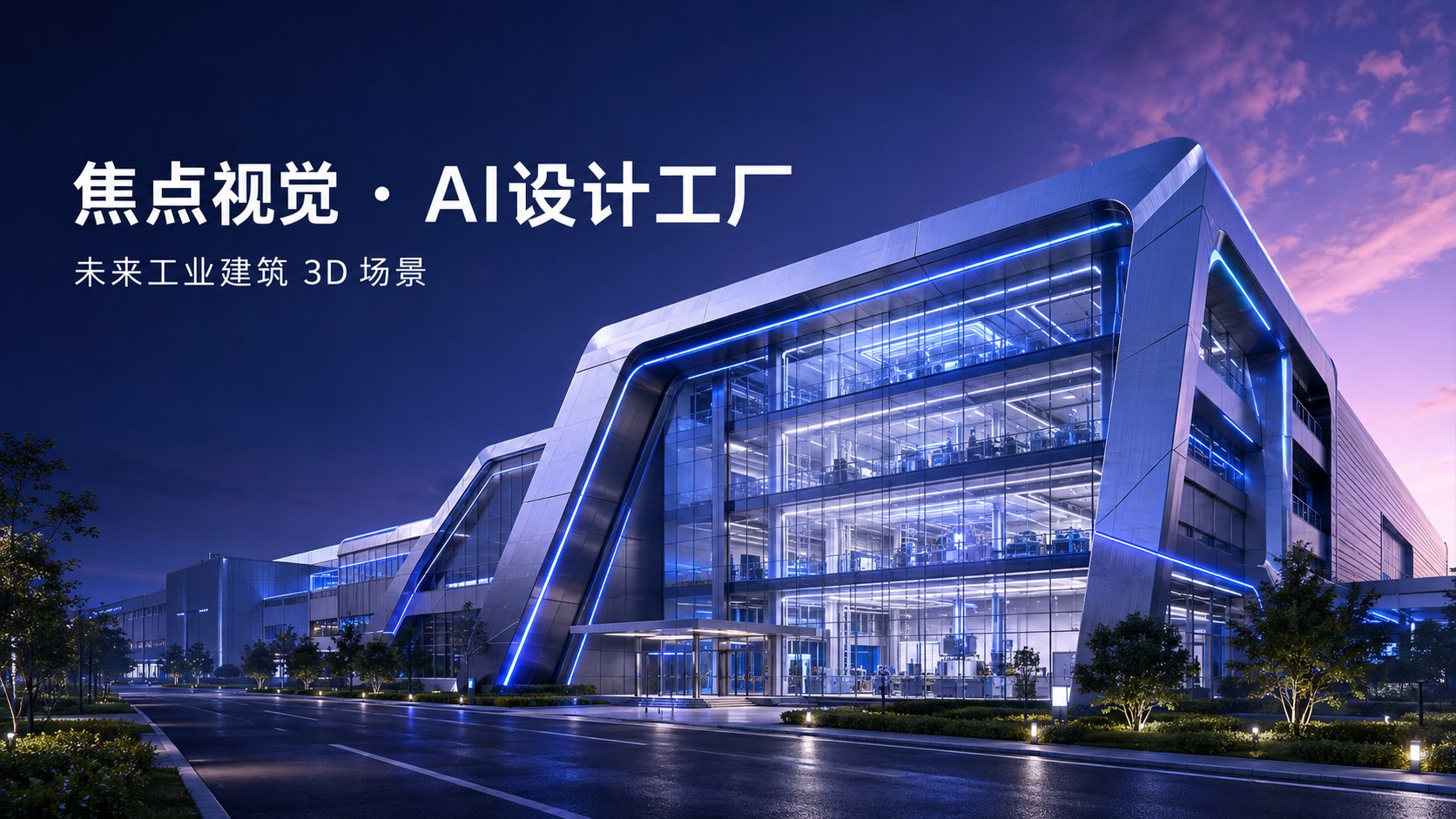 焦点视觉 AI 设计工厂未来工业建筑 3D 场景概念图